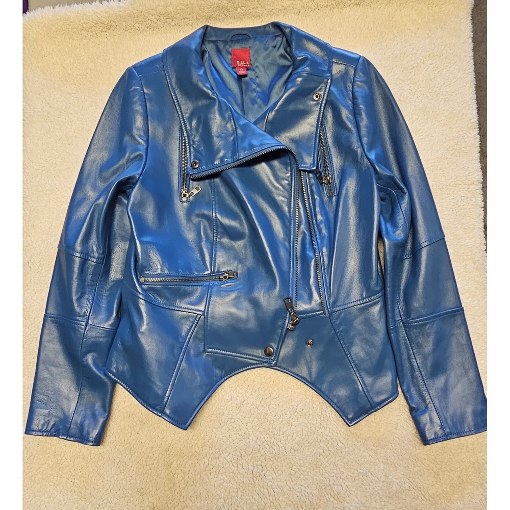 g.i.l.i Genuine Leather Blue Moto Jacket edgy sexy size 12‎ street style rocker